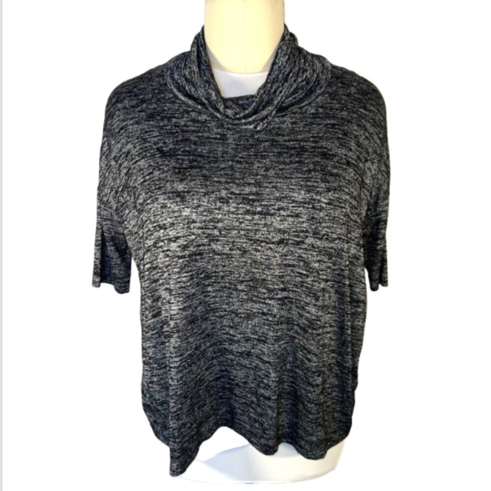 Ann Taylor - Mock Neck Sweater Women's L/XL Black Gray Heather Short Dolman Slve